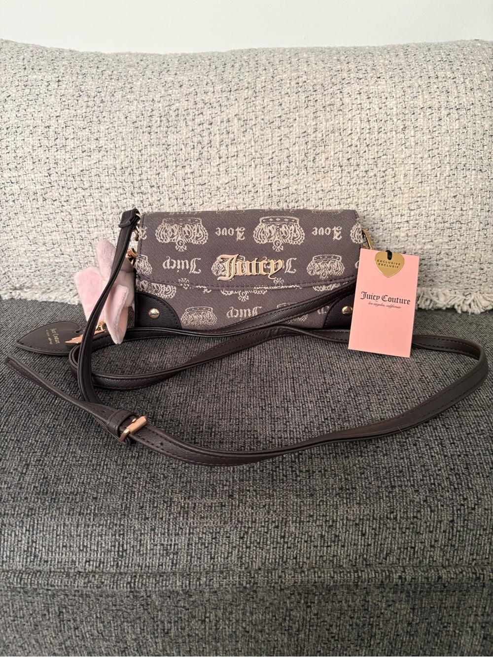 Juicy Couture Brown Logo Crossbody with Pink Charm and Gold Logo